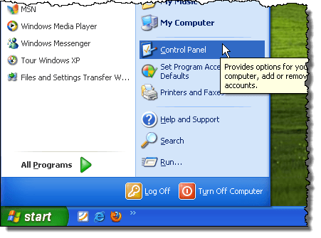 پانل کنترل را در ویندوز XP باز کنید
